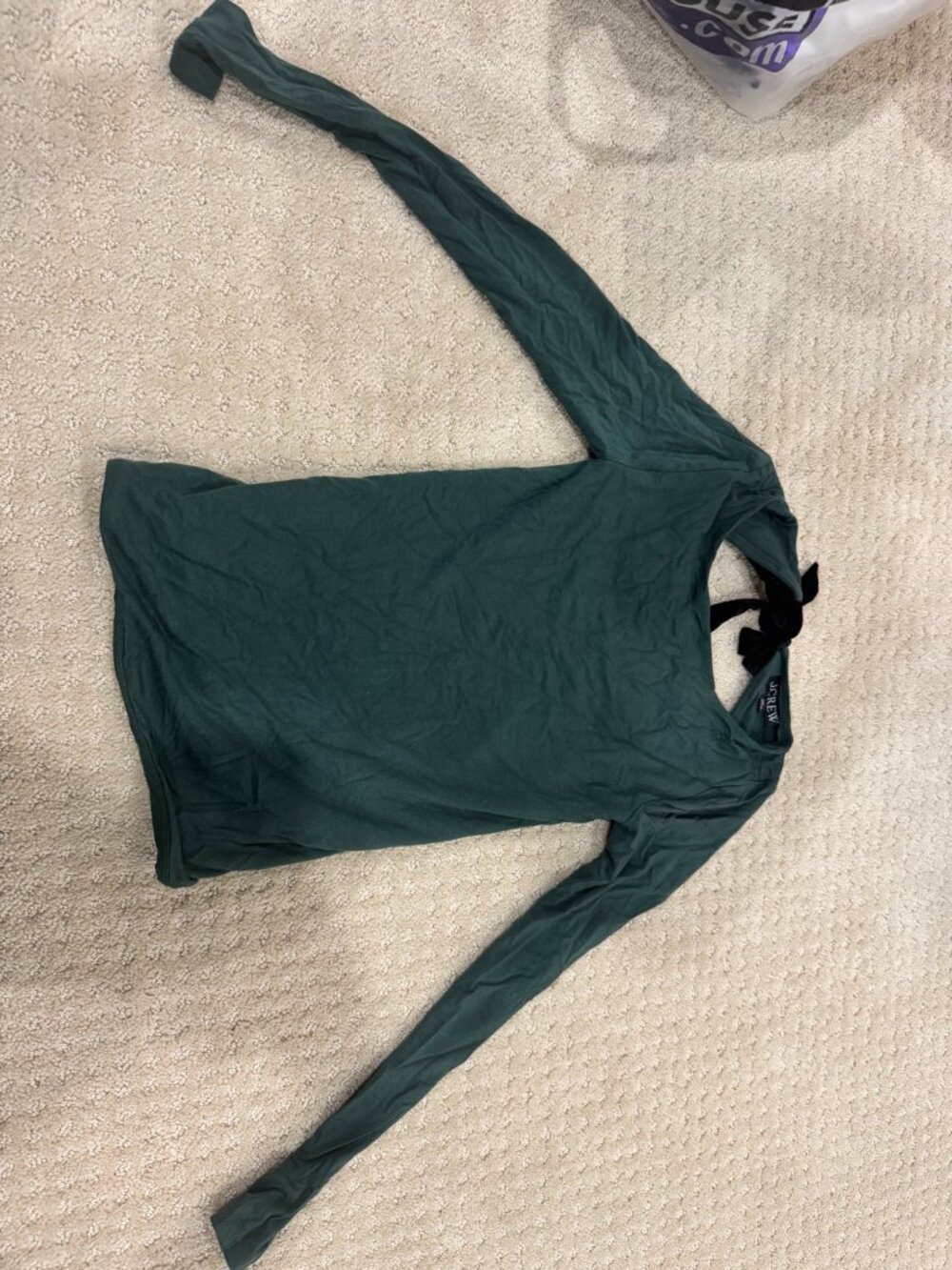 J.Crew Green Long-Sleeve Top with Velvet Ribbon Back Tie